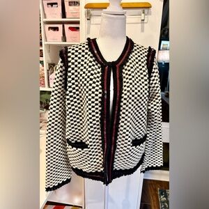 Tory Burch Petra Cardigan Sequin Trim Wool Jacket — Ivory/Black — Size M